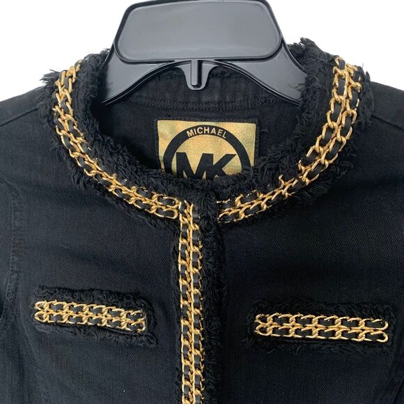 Michael Kors Black Denim Gold Chain Fringe Detailed Designer Short Blazer Sz 0 - Picture 3 of 4